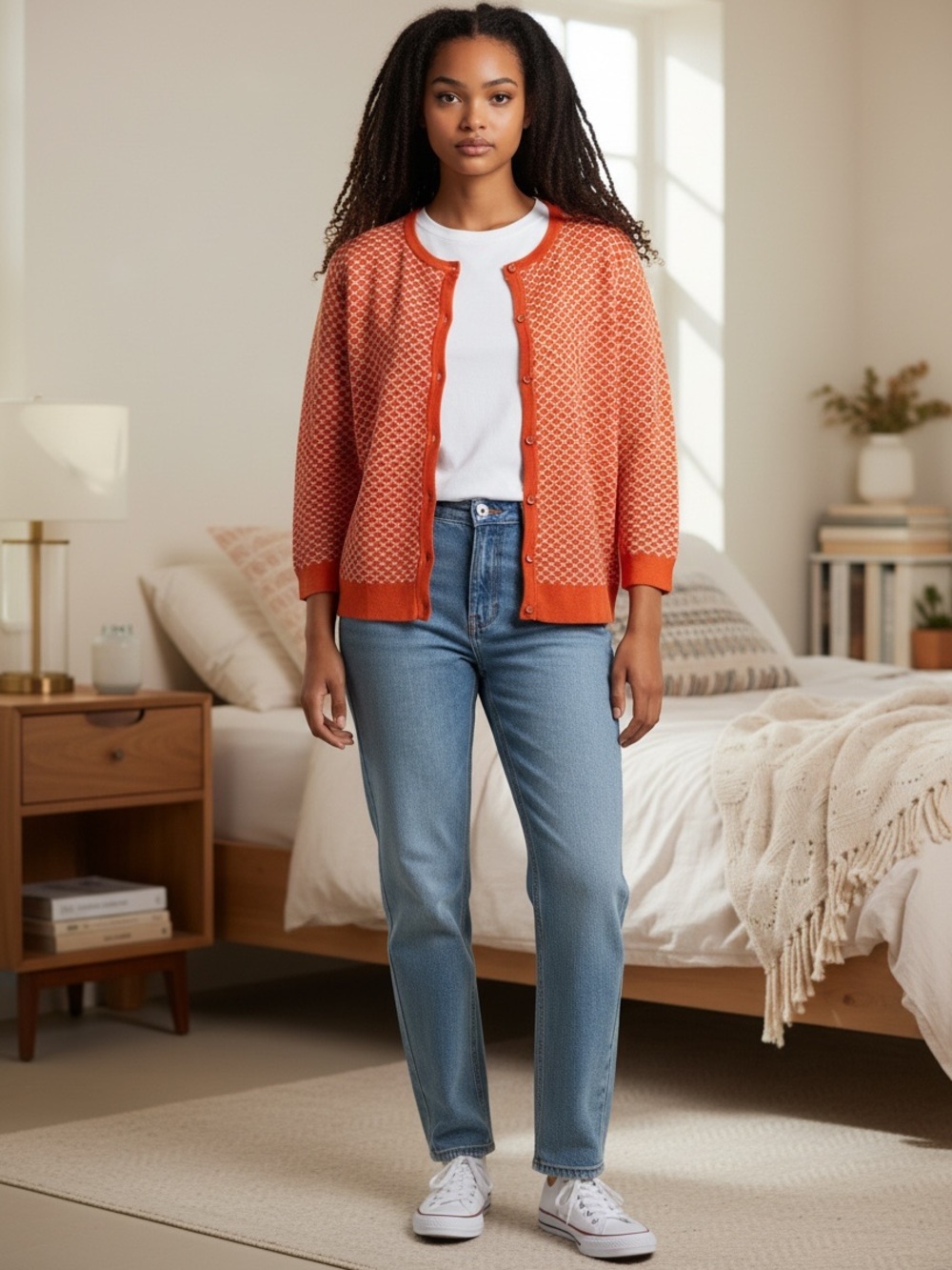 C. Wonder Scallop Jacquard Knit Cardigan Sweater Orange and White 3/4 Sleeve